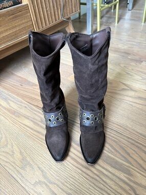 Steve Madden Ashwood Brown Suede Mid-Calf Boots with Grommet Strap